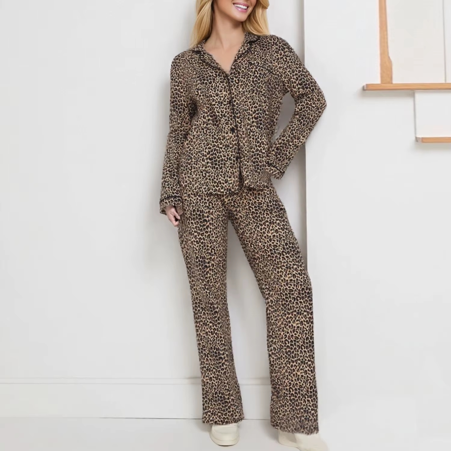 Mode léopard pyjama ensembles pour femmes Modal automne hiver vêtements de nuit à manches longues pa
