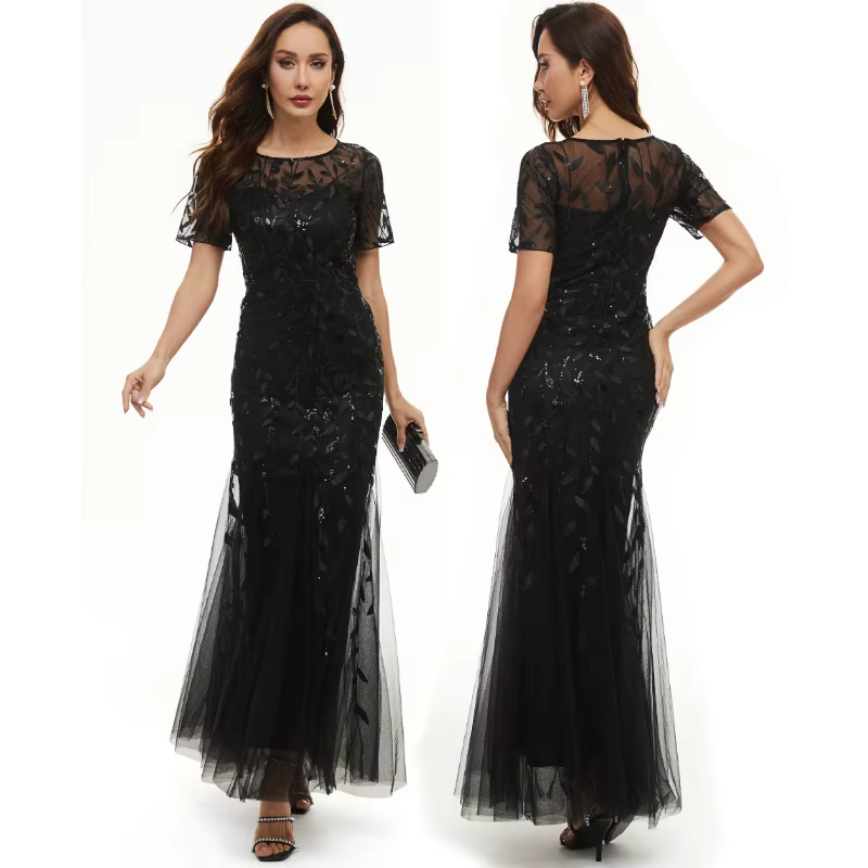 Robe de soirée élégante à paillettes grises, manches courtes, robe de soirée formelle en queue de po