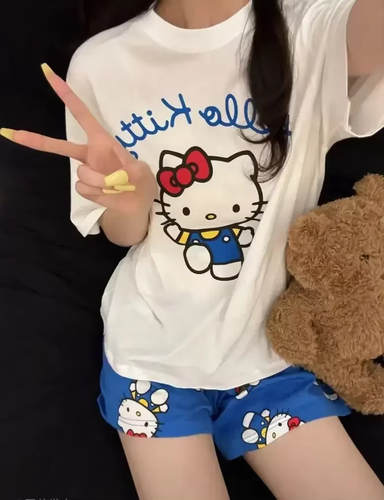 Ensemble pyjama Hello Kitty blanc et bleu pour femme, col rond, ensemble court, vêtements de détente