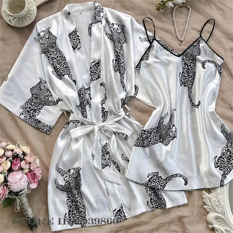 Peignoir kimono en satin à imprimé léopard pour femmes, robe Twinset, chemise de nuit d'été, vêtemen