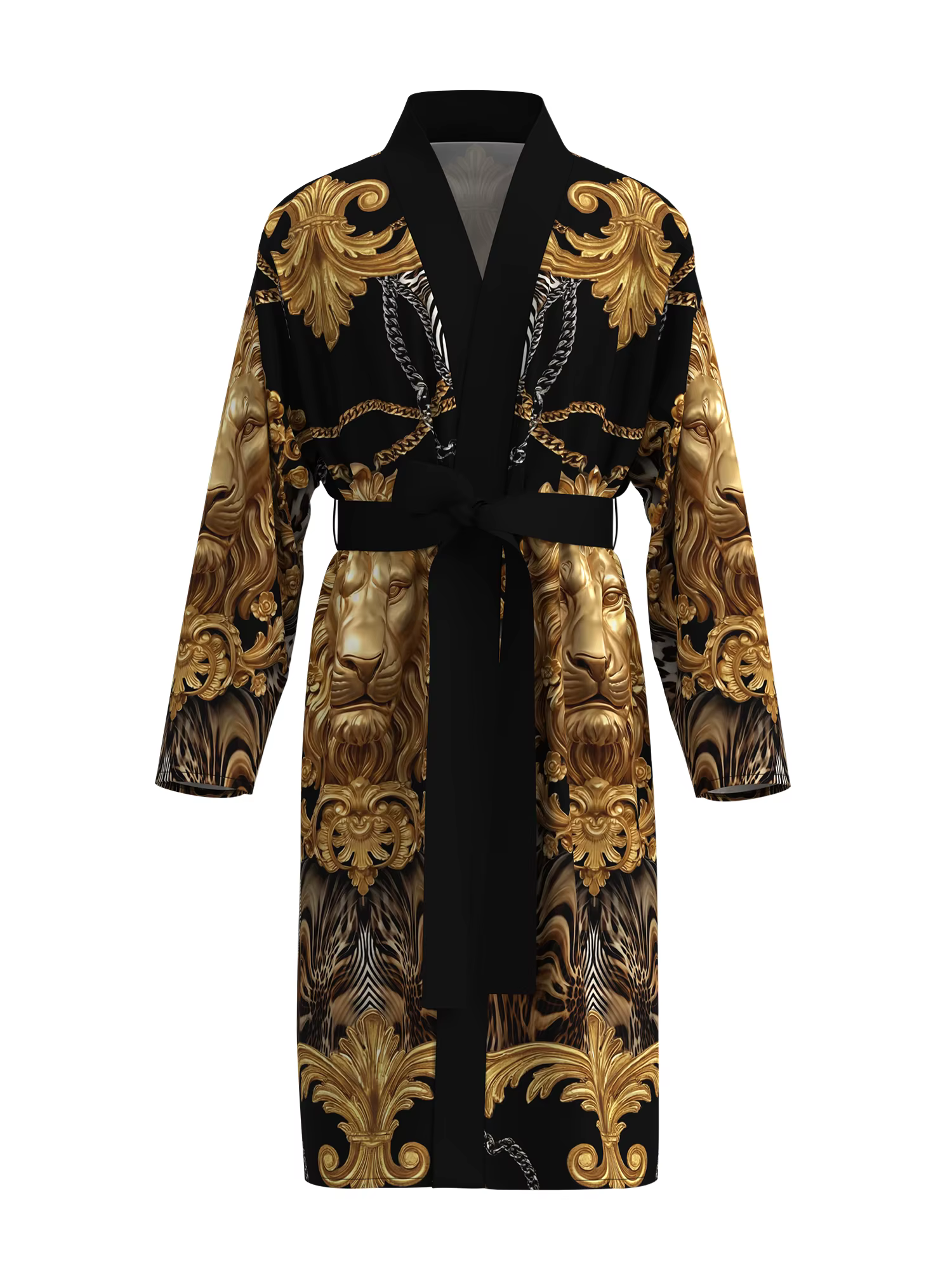 Peignoir Kimono de Luxe pour Homme à Imprimé Tête de Lion Baroque et Léopard Doré, Vêtement de Déten