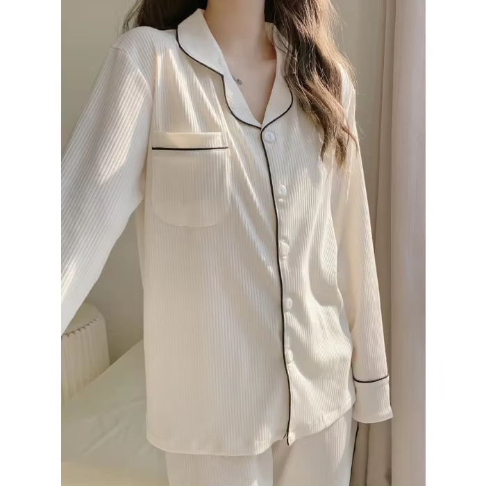 Pyjama en coton à manches longues pour femmes, vêtements de nuit de salon, pyjama blanc uni, chambre