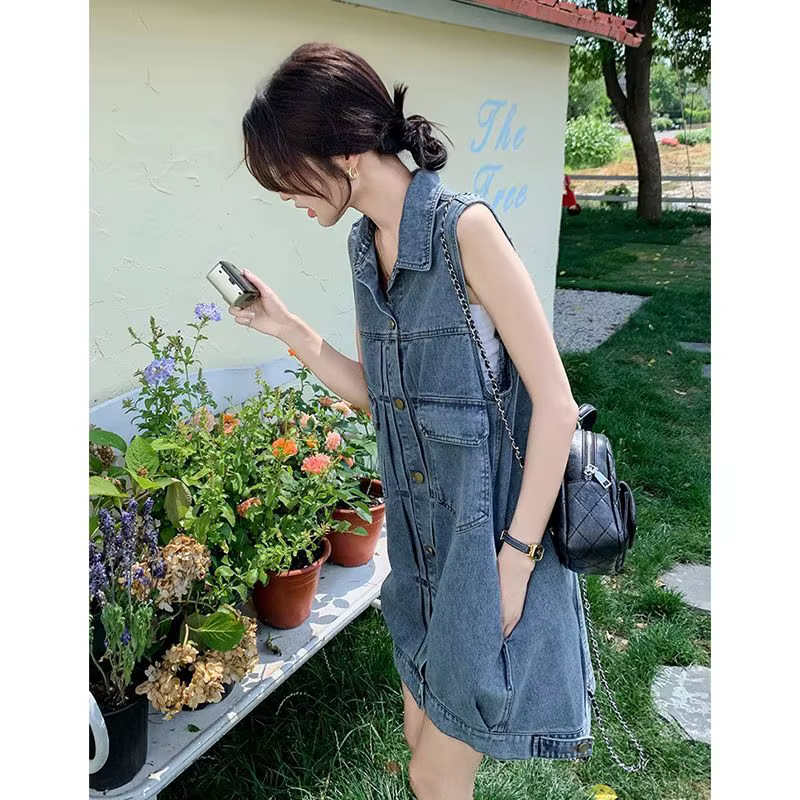 Robe sans manches en jean pour femme, style rétro américain, coupe gilet, idéale pour l'été