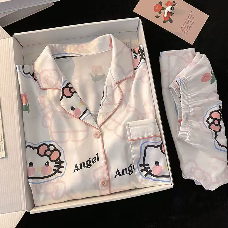 Ensemble pyjama en satin pour femme, imprimé Hello Kitty et tulipes, doux, respirant, boutonné, manc