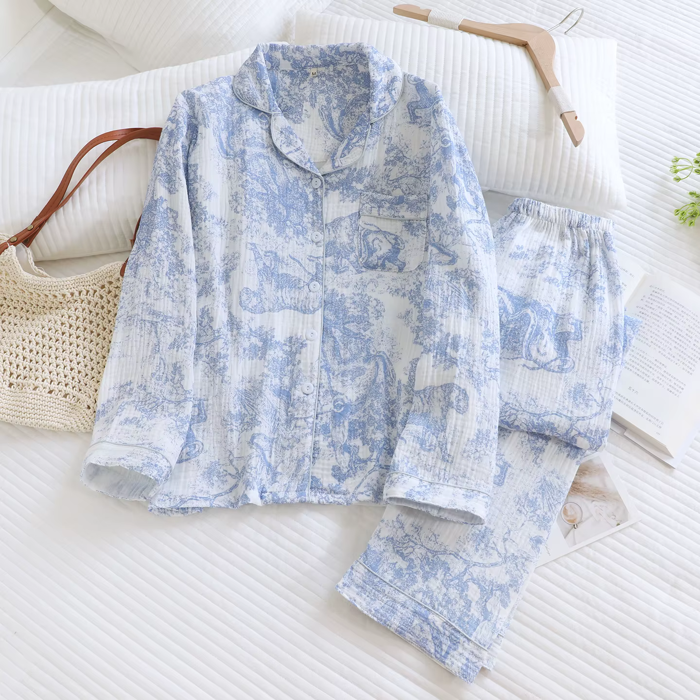 Vêtements de nuit en gaze Double couche de coton pour femmes, ensemble deux pièces respirant, pantal