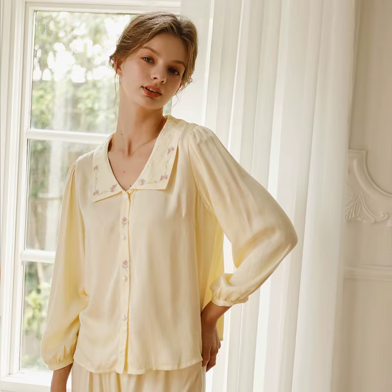 Pyjama Deux Pièces Brodé en Rayonne pour Femme, Manches sulf, Doux, 100% Viscose, Pantalon Long, Vêt