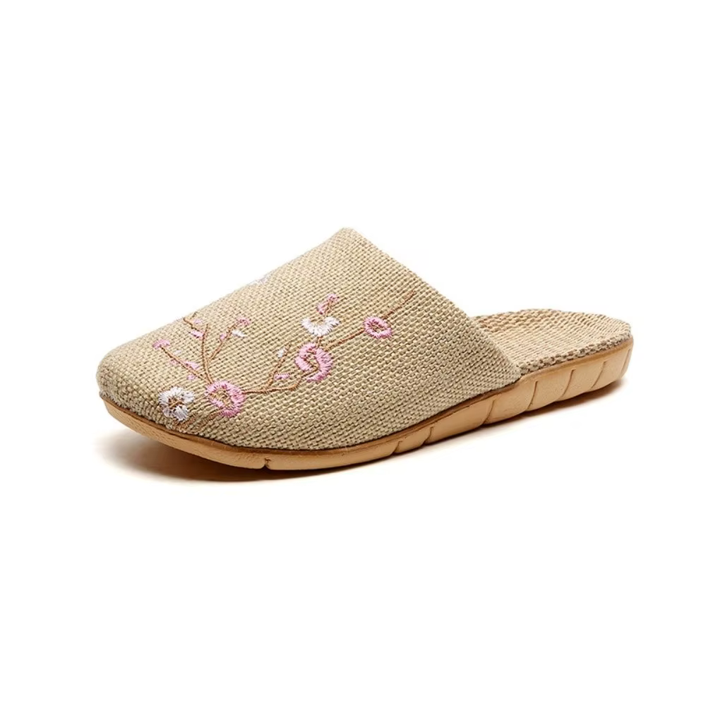 Pantoufles d'intérieur en bambou brodées de fleurs, antidérapantes, en lin, motif fleur de prunier, 