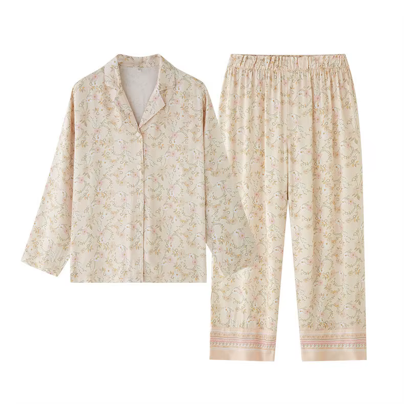 Ensemble pyjama classique à fleurs pour femmes, manches longues, boutonné, vêtements de nuit en Visc