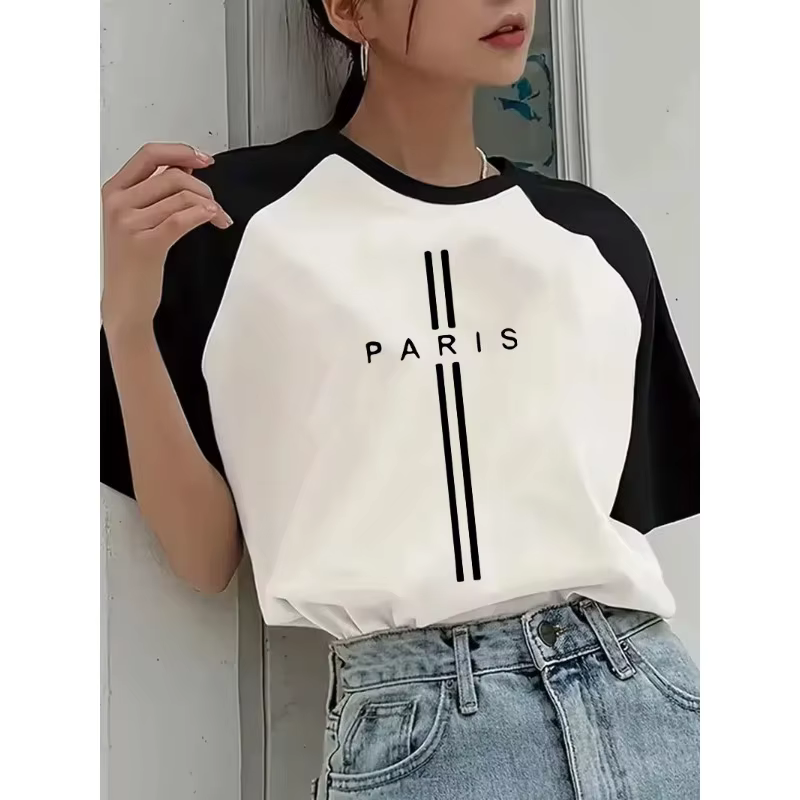 T-shirt à manches courtes col rond imprimé lettres Paris France pour femmes, style coréen des années