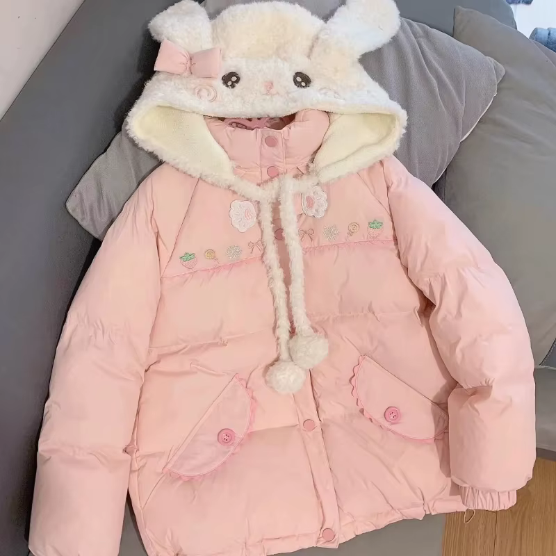 Parka rose Style Lolita pour femmes, veste à capuche avec oreilles de lapin brodées mignonnes japona