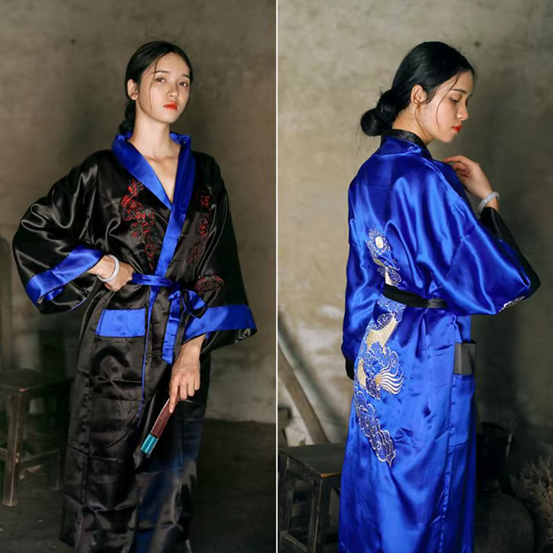 Nouveauté Robe de bain réversible femmes Kimono Yukata Satin broderie Dragon chemise de nuit chinois