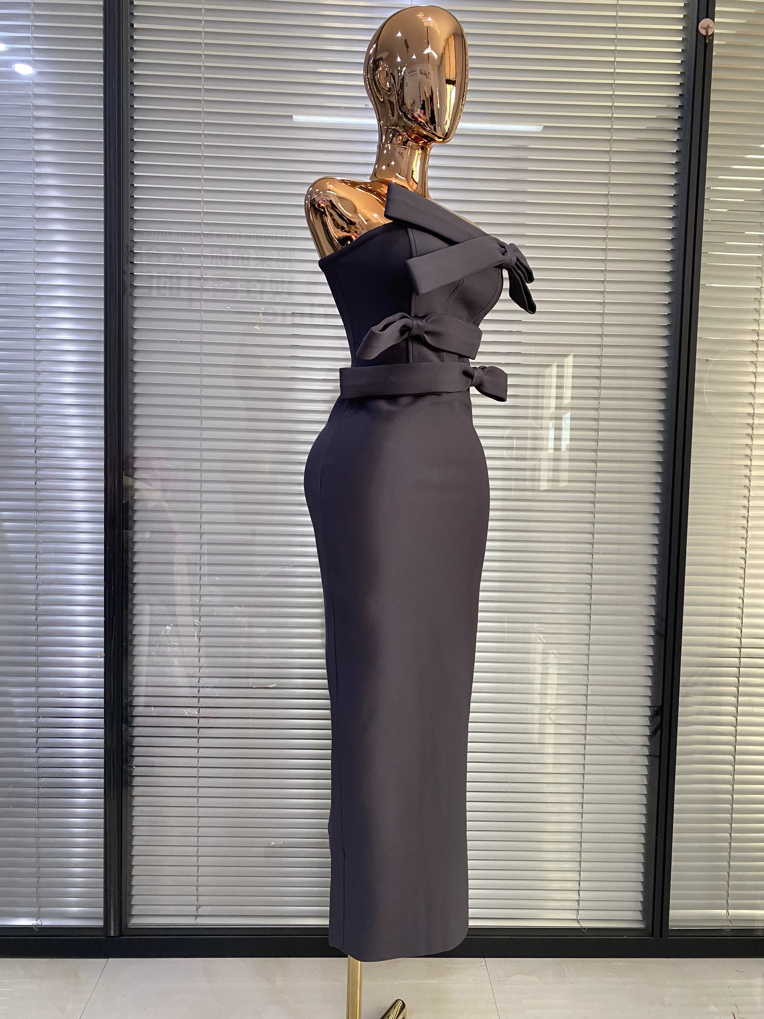Robes Bandage 2026 Femme Gris Bustier Nœud Papillon Moulante Longue Robe de Soirée Célébrité Club Cocktail Bal de Promo
