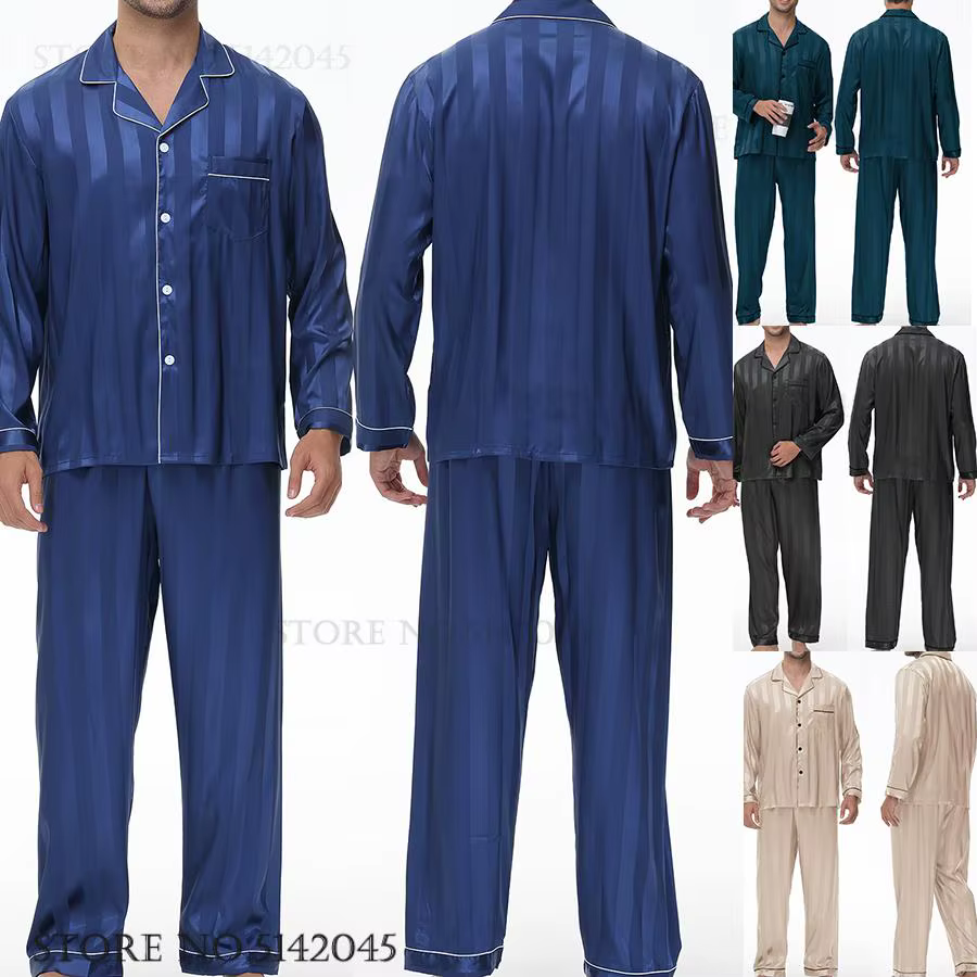 Ensemble de pyjamas en satin bleu marine pour hommes