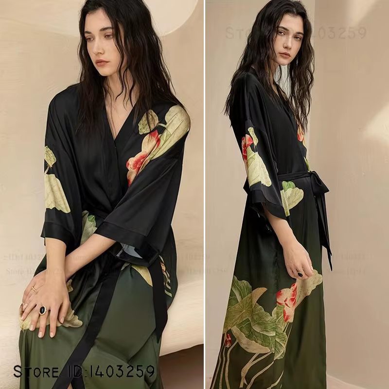 Grande taille femmes longue Robe chemise de nuit imprimé fleuri Kimono peignoir