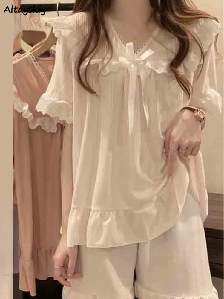Pyjama ensembles femmes dentelle doux nœud princesse ample maison 5 couleurs mode tendre décontracté été Style japonais Vintage vêtements de nuit Chic