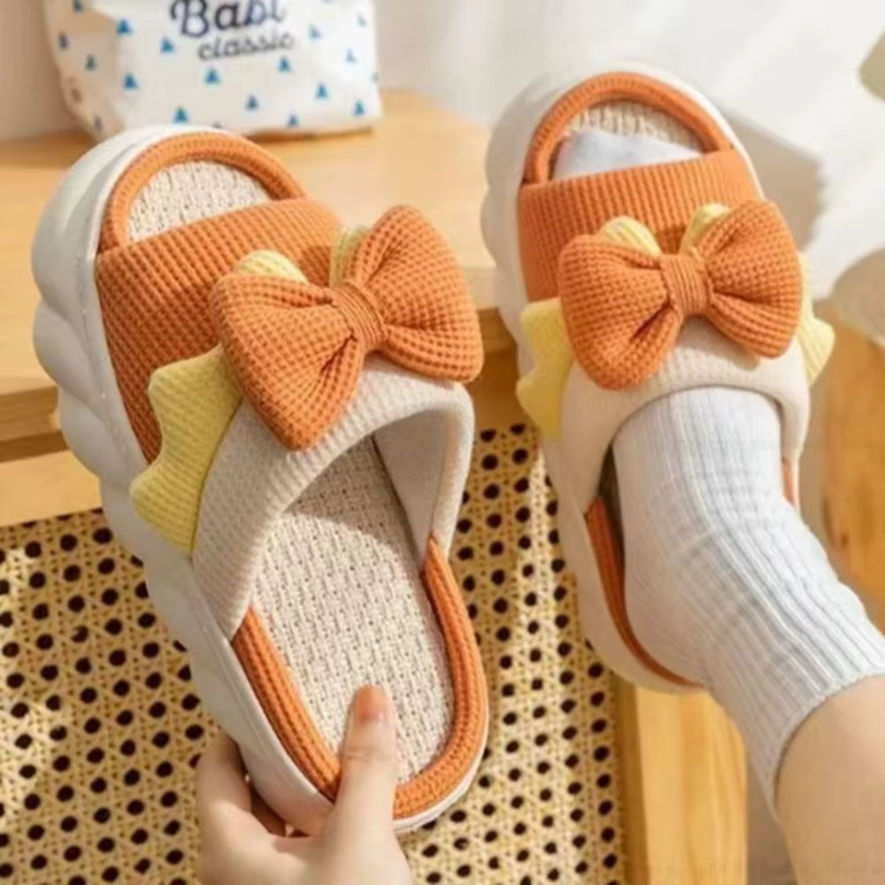 1 paire antidérapant nœud papillon femme lin pantoufles semelle épaisse orteil et trou nœud