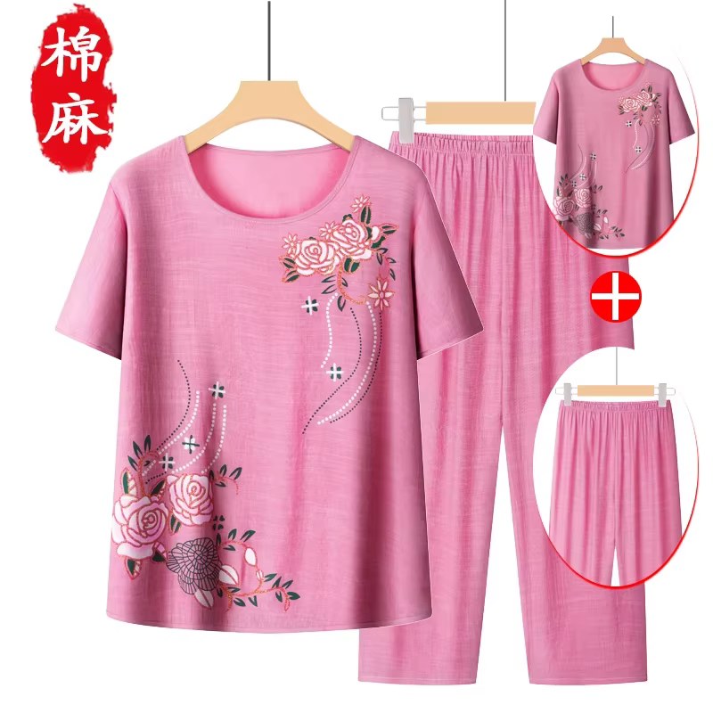 Ensemble de pyjama en coton et lin à imprimé floral pour femmes matures