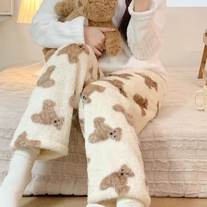 Dessin animé ours Teddy pyjamas pantalon moelleux femmes hiver chaud épais vêtements de nuit