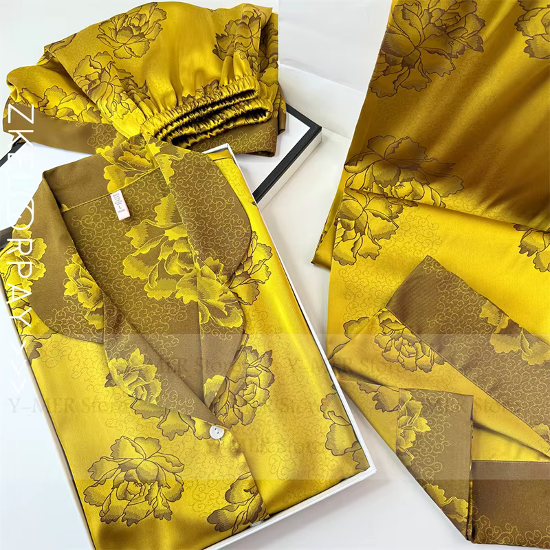 Pyjama Jacquard jaune Femme femmes vêtements de maison élégants à manches courtes Pijama Mujer Sexy dentelle garniture