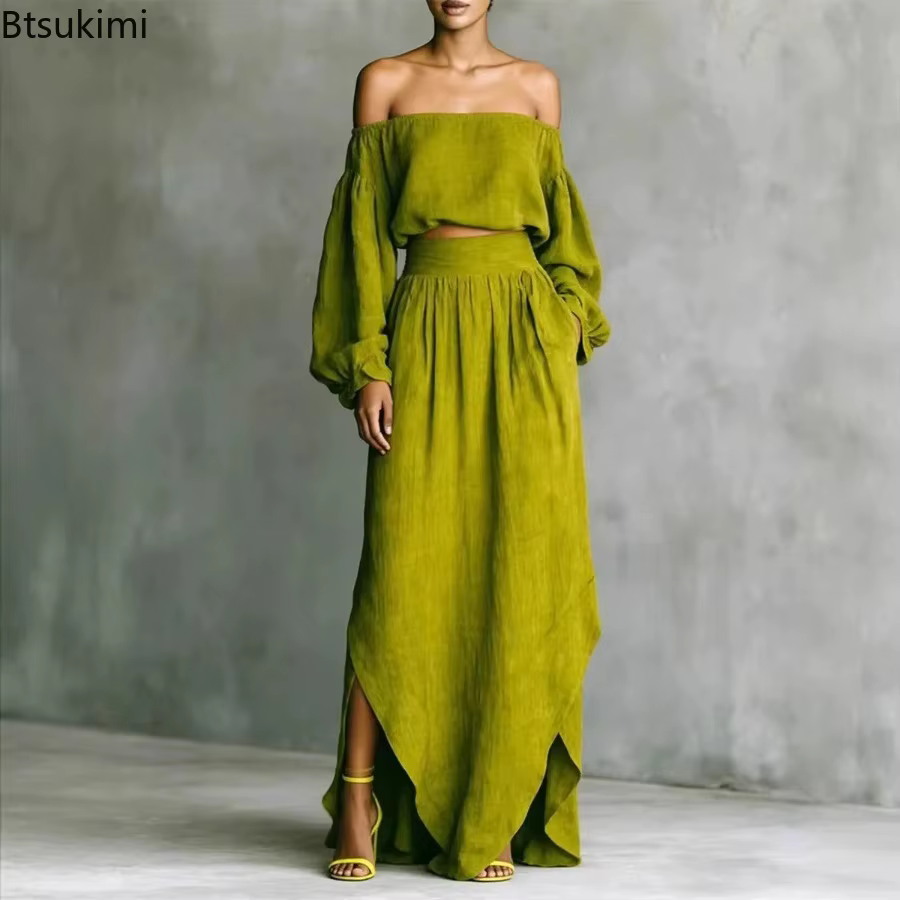 Ensemble Chic en Lin pour Femme 2026 – Tendance Printemps-Été : Haut Court Épaules Dénudées à Manches Bouffantes et