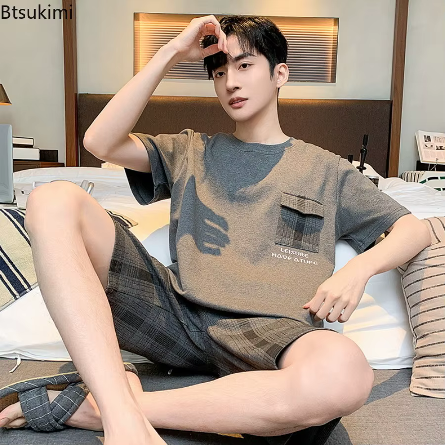Soldes d'été : Ensemble pyjama homme en coton deux pièces – T-shirt à manches courtes et short décontracté et tendance pour la maison
