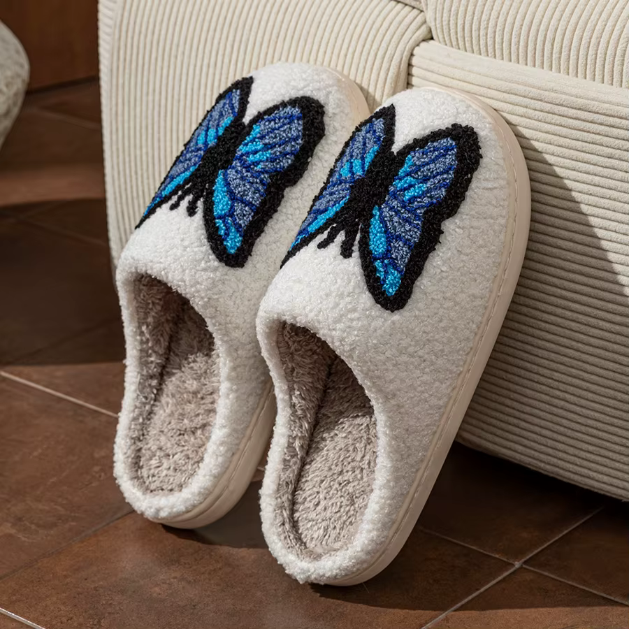 Chaussons pour femmes mignon bleu papillon broderie intérieur doux respirant confortable Couple mode hiver maison chaussures chaud