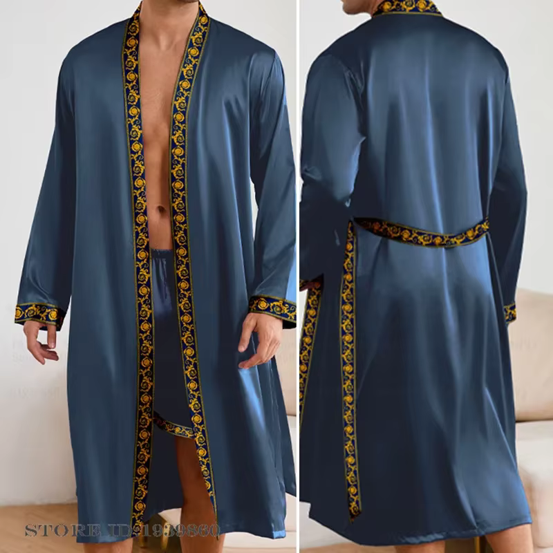 Printemps été hommes Robe longue ensemble short et haut Pyjamas soyeux Satin Kimono peignoir