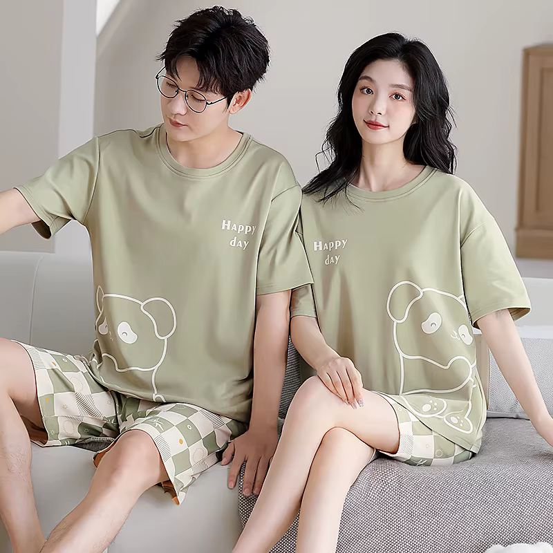 Couple mignon dessin animé pyjama ensemble été hommes et femmes 100% coton à manches courtes pyjamas