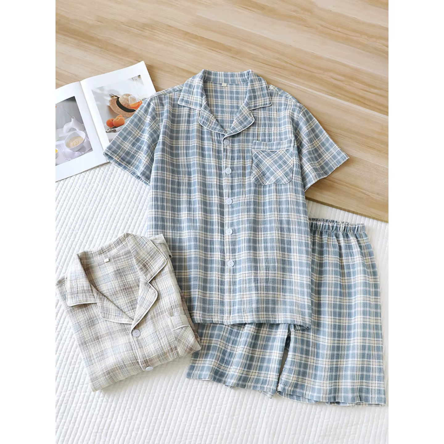 Ensemble pyjama 2 pièces pour homme - Vêtements de nuit à carreaux japonais