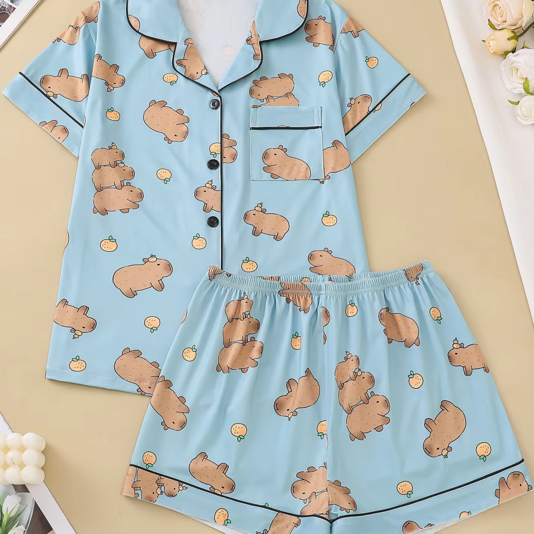 Pyjama sur le thème du Capybara bleu avec revers imprimé Animal