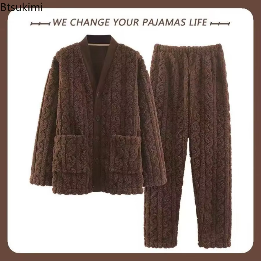 Nouveau automne hiver épais pyjamas ensemble pour hommes coréen Teddy Jacquard col en v bouton vêtements de nuit pour homme Kimono velours pyjama ensembles mâle