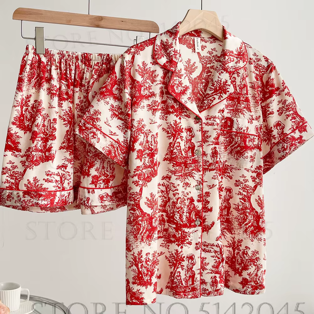 Été femmes à manches courtes Pyjamas ensemble Shorts vêtements de détente Sexy imprimé Satin