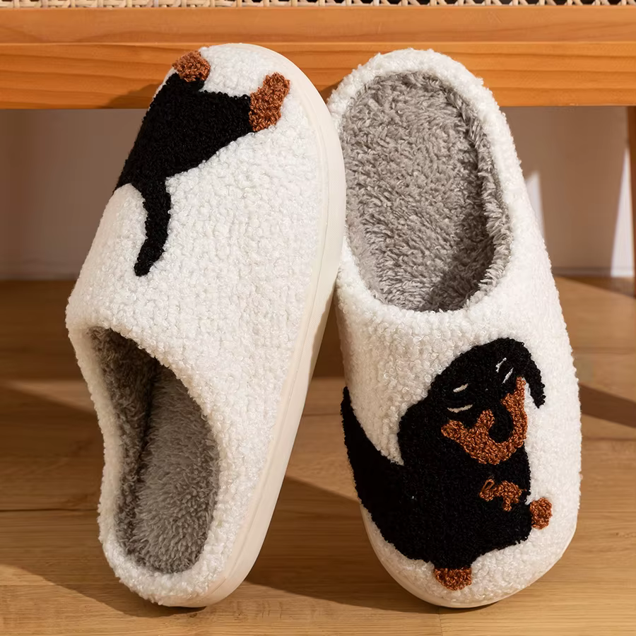 Femmes pantoufles dessin animé mignon intéressant teckel chien intérieur chaud confort léger chambre Couple hiver coton chaussures
