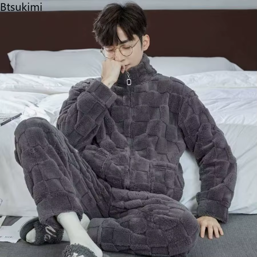 2025 Pyjamas à carreaux pour hommes corail vêtement de nuit en polaire dormir tenue