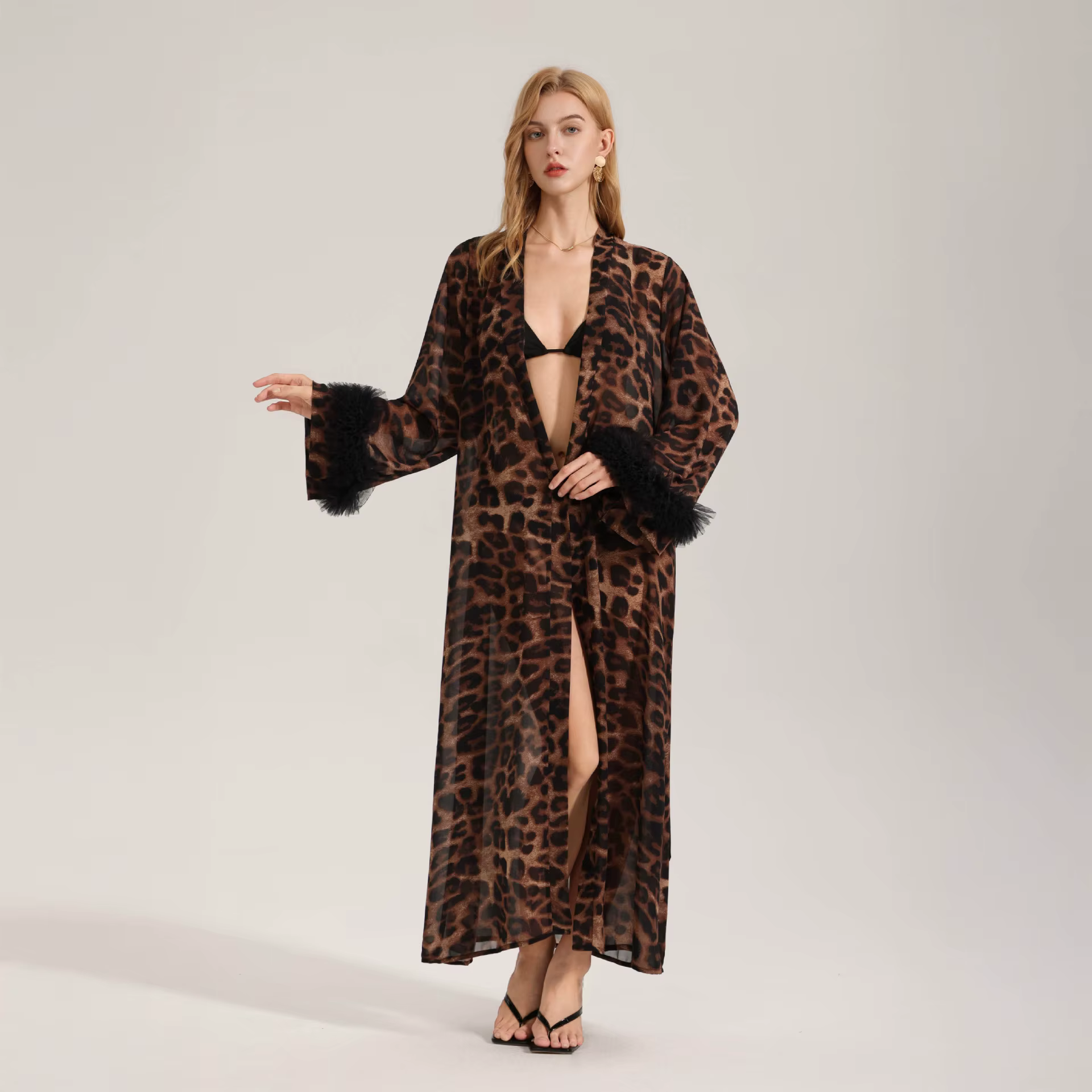 Robe de chambre à manches longues imprimé léopard en fil perlé