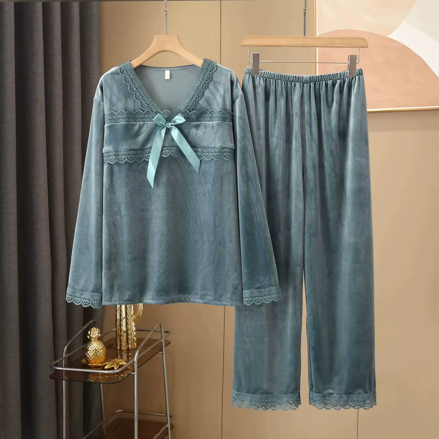 Sexy velours 2 pièces PJS ensemble vêtements de nuit féminins