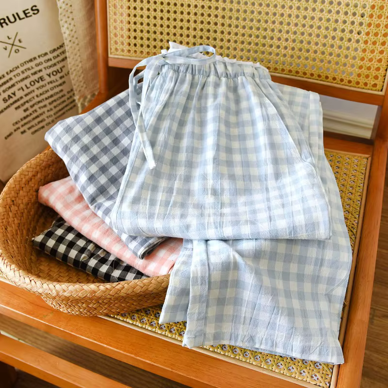 2026 nouveaux vêtements de nuit pour femmes 100% coton gaze dentelle pantalons à carreaux japonais minimaliste maison