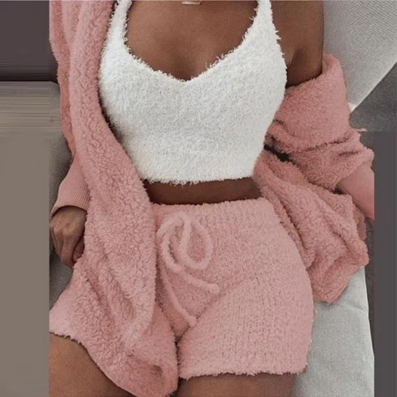 Nouvel ensemble de pyjama en velours pour femme 2026 – Haut court sexy + short + veste – 3 pièces – Tenue décontractée