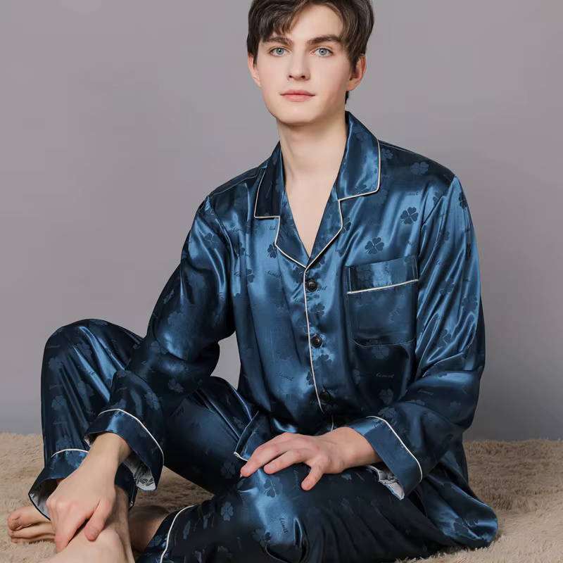 Grande taille 3XL 4XL hommes vêtements de nuit Pyjamas ensemble soyeux Satin Jacquard 2 pièces chemise et pantalon Pijamas costume printemps automne Homewear Pyjama