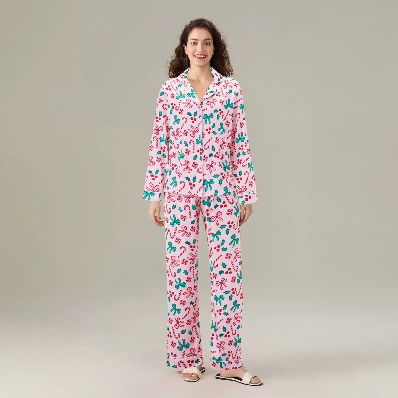 Famille correspondant pyjamas arc canne à sucre imprimé boutonné à manches longues hauts pantalons maman enfants noël vêtements de nuit