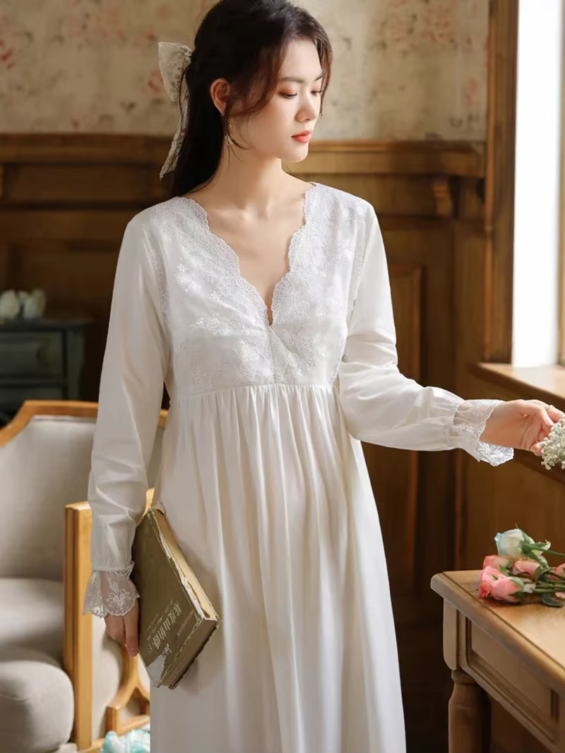 Femmes coton volants dentelle col en v Vintage chemises de nuit Robe nuisette à manches longues