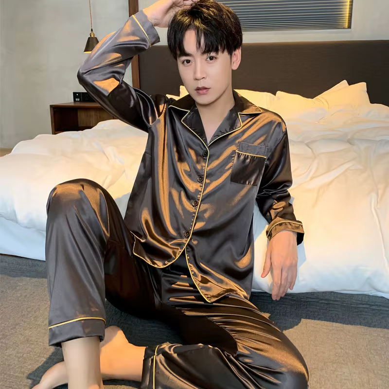Hommes pyjamas ensemble hiver vêtements de nuit pour homme chemise à manches longues Pijama mâle soie Satin dormir