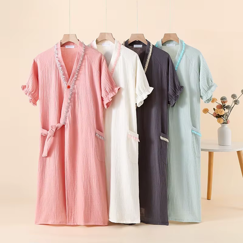 Kimono à manches courtes Robe de nuit dentelle couleur bloquée sangle peignoir Homewear mignon Sweat vapeur femmes vêtements