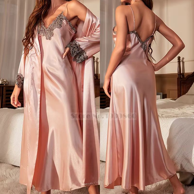 Femme longue Twinset Robe ensemble chemise de nuit printemps été Kimono peignoir