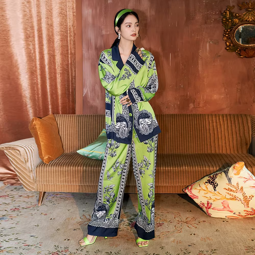 Style Boho femmes vert pyjama ensemble soie été dames Homewear peut être porté à l'extérieur de luxe Satin confortable