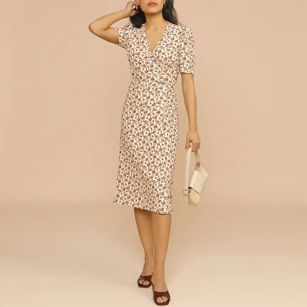 Robe mi-longue à manches courtes et col en V pour femmes