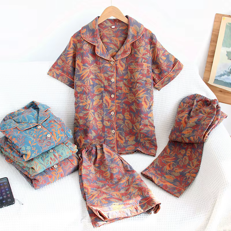 Ensemble de pyjama trois pièces en fil de coton jacquard pour femme
