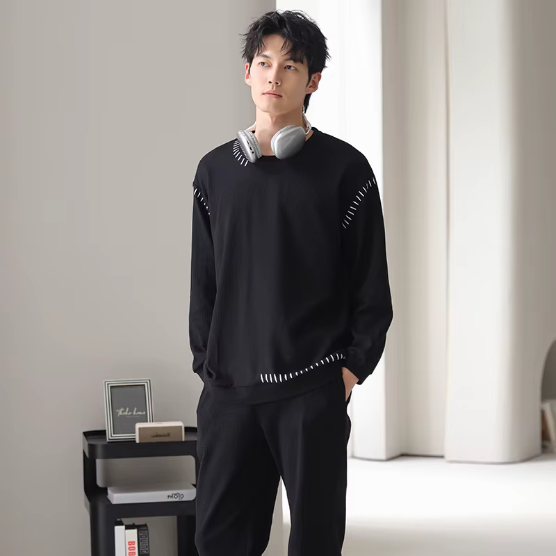 Hommes pyjamas ensemble 100% coton solide vêtements de nuit mâle à manches longues