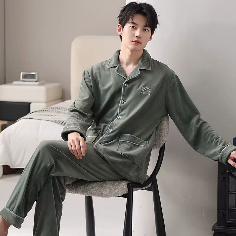 Hommes Cardigan pyjamas ensemble mâle hiver chaud flanelle pyjama ample M-4XL