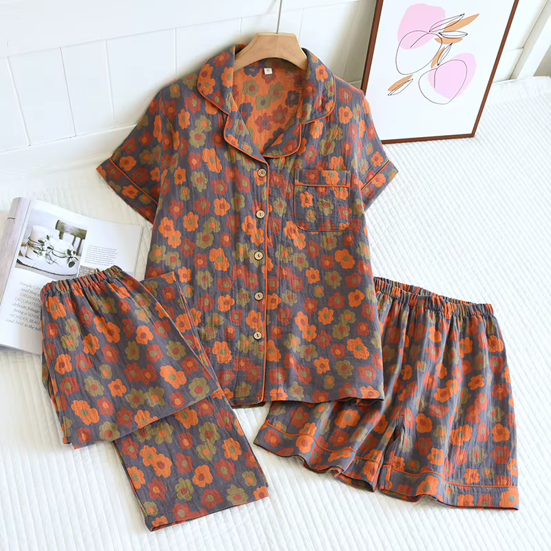 Pyjama d'été trois pièces en coton pour femme